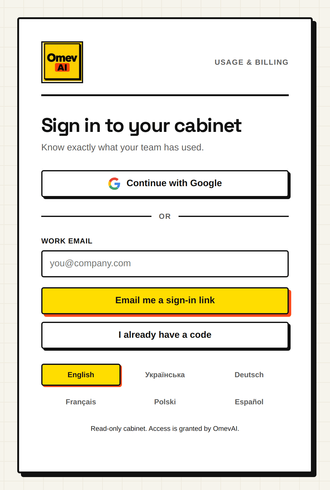 The sign-in page of the cabinet usage.omev.be: continue with Google or get a sign-in link by e-mail.