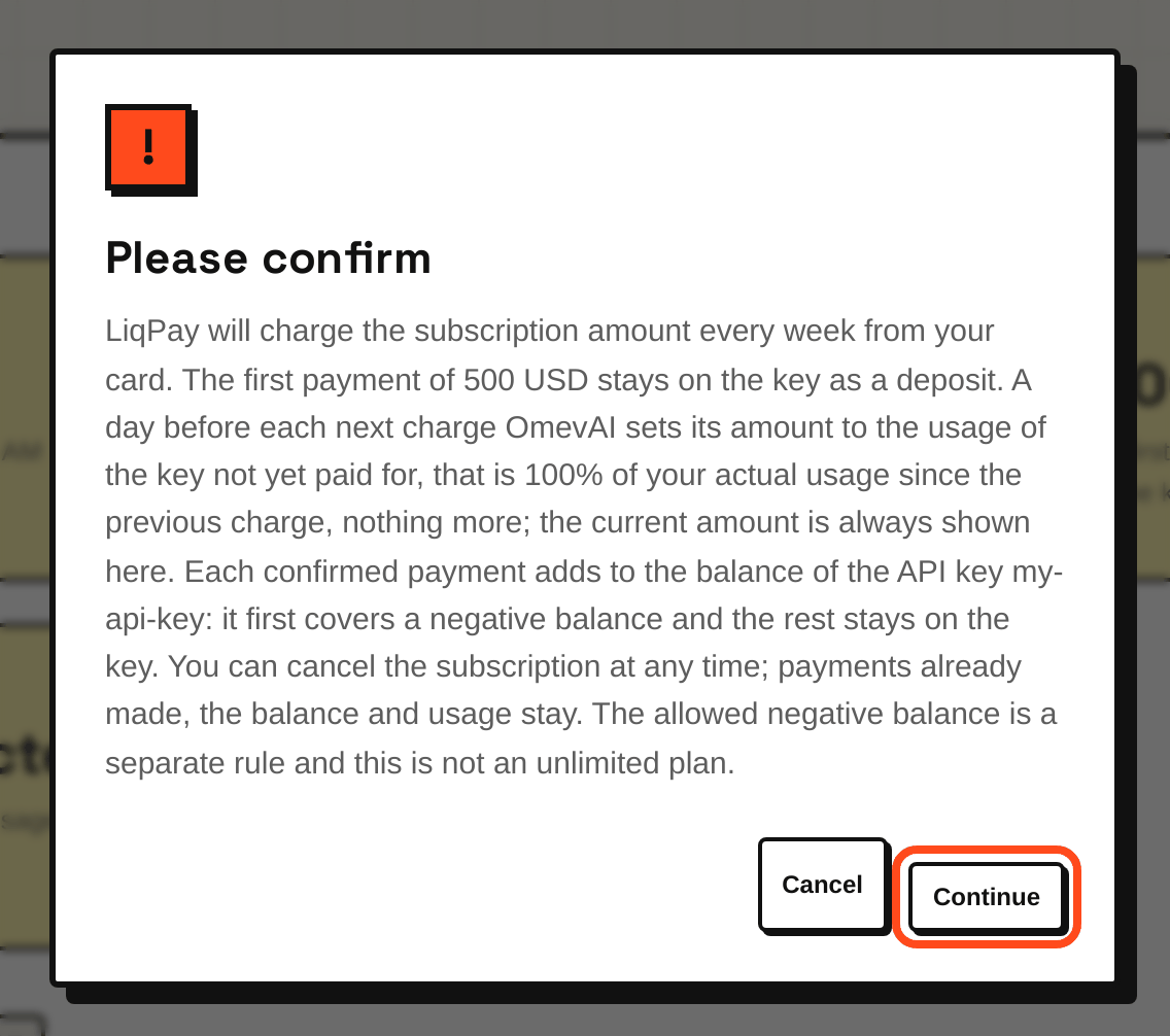The terms window after Subscribe: press Continue to go to LiqPay.