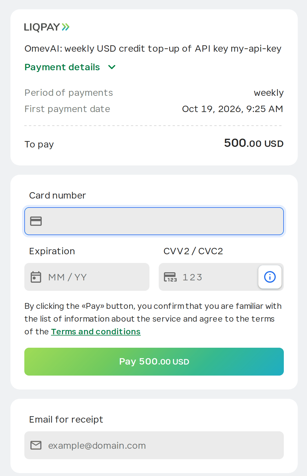 The LiqPay checkout: a weekly subscription, the first payment (the $500 deposit) now.