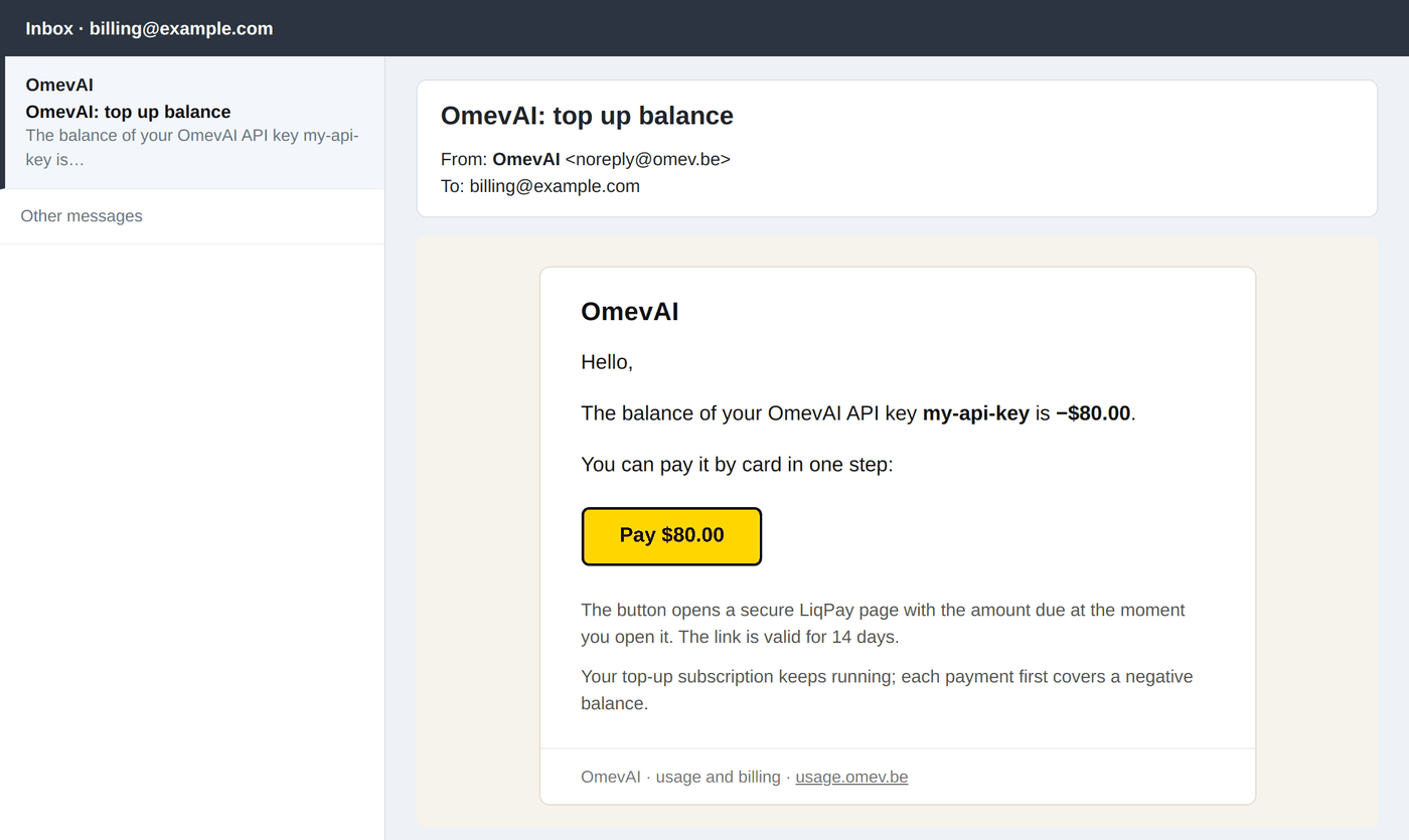 The letter “OmevAI: top up balance” with the Pay button.