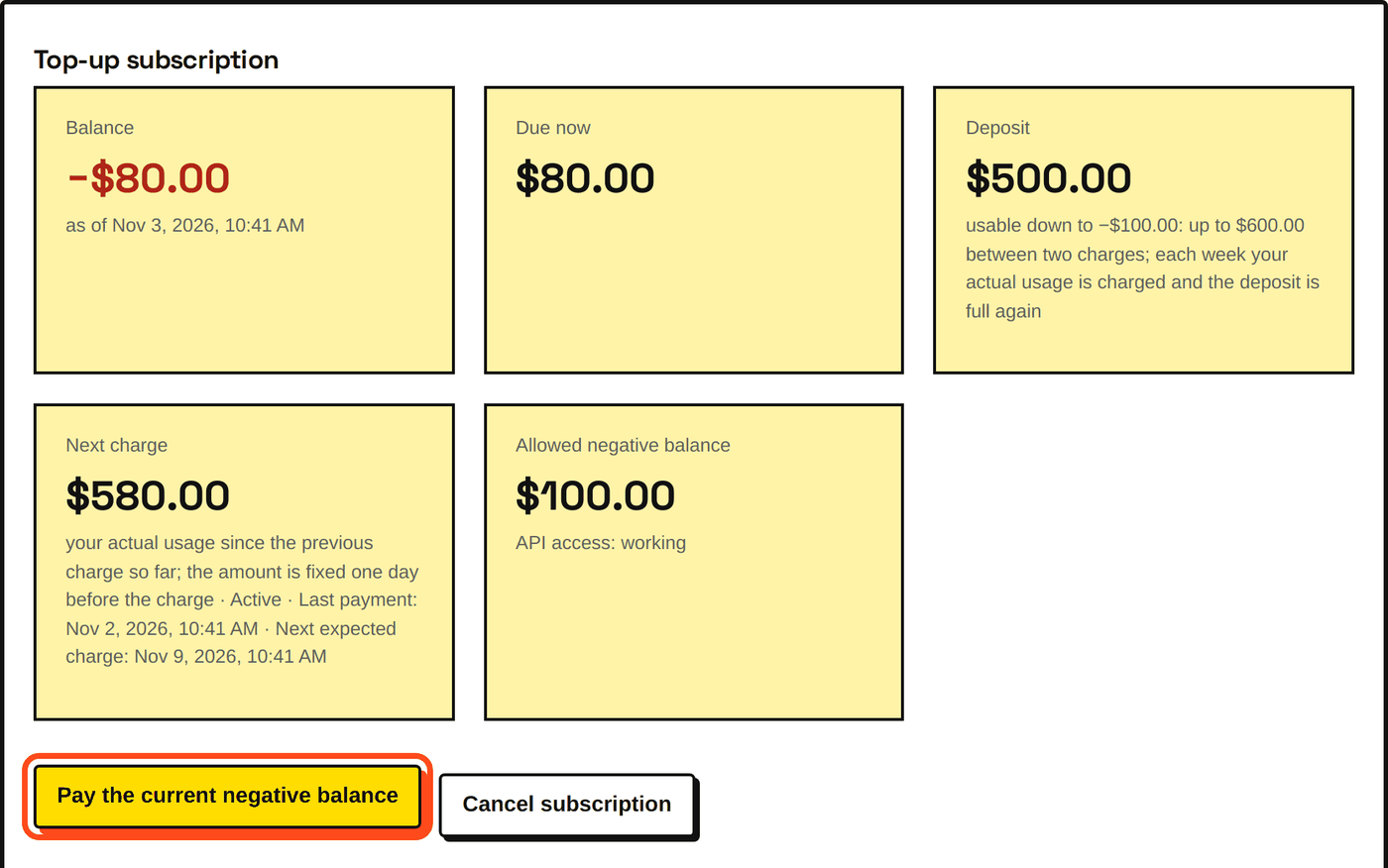 Balance −$80, close to the −$100 limit: the button Pay the current negative balance.