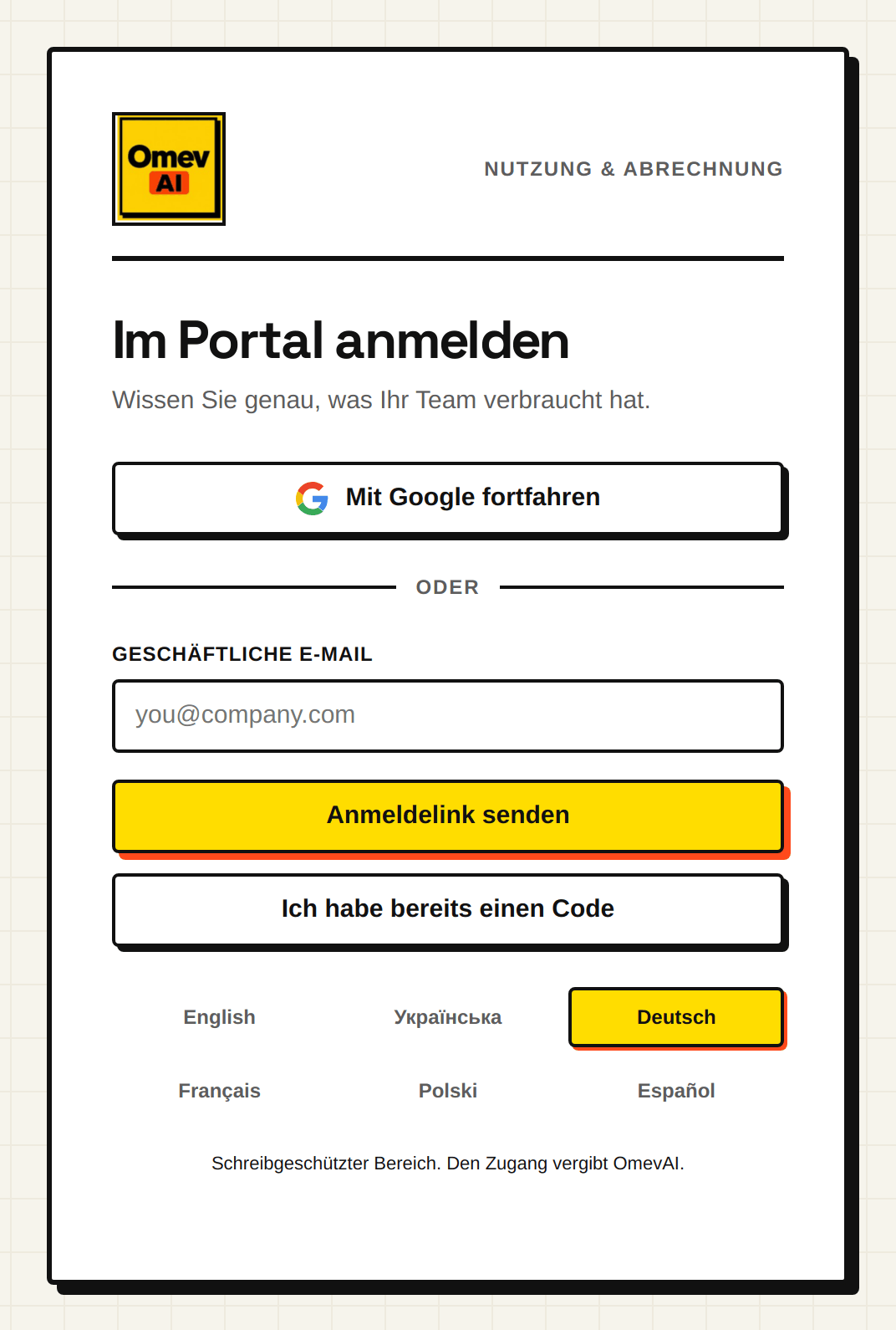 Die Anmeldeseite des Portals usage.omev.be: mit Google oder per Anmeldelink aus der E-Mail.