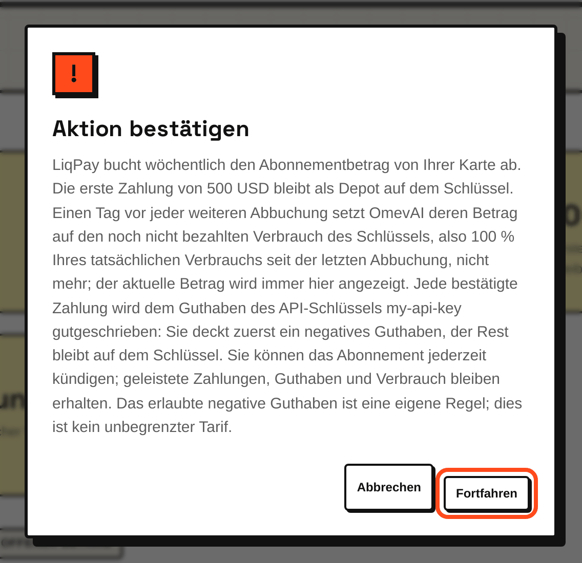 Das Fenster mit den Bedingungen nach „Abonnieren“: klicken Sie auf „Fortfahren“, um zu LiqPay zu gelangen.