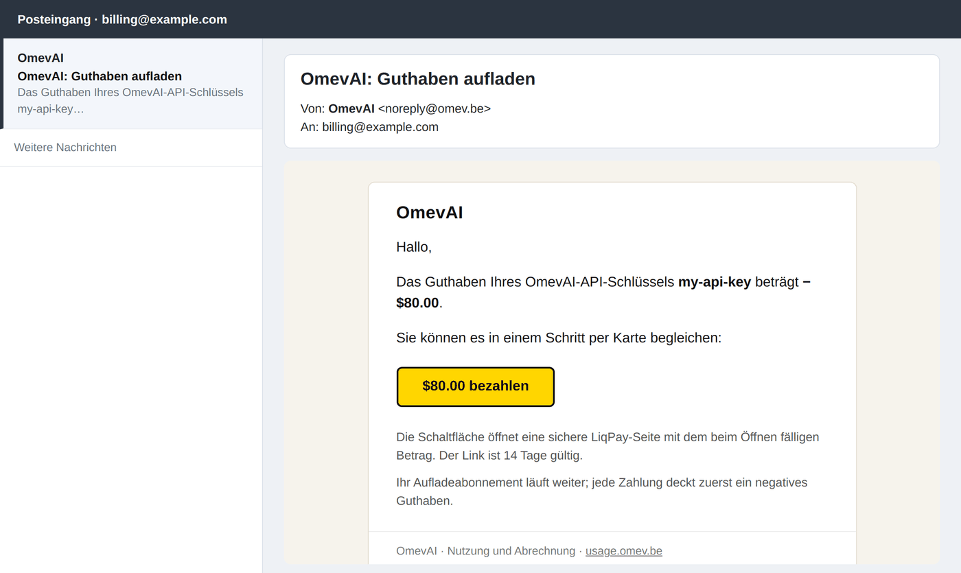 Die E-Mail „OmevAI: Guthaben aufladen“ mit der Zahlungsschaltfläche.
