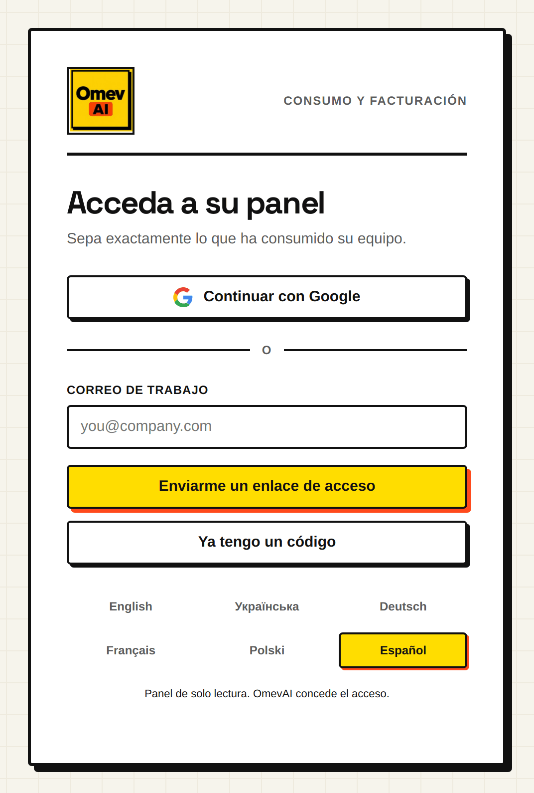 Página de acceso al panel usage.omev.be: con Google o con un enlace de acceso por correo.