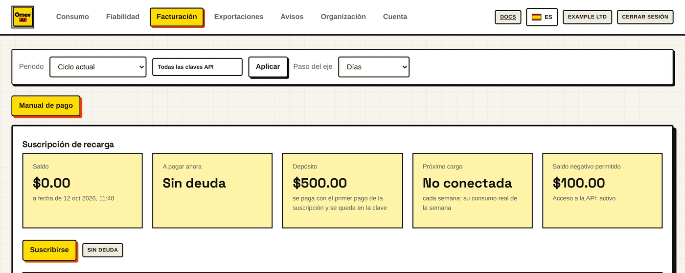 Pestaña «Facturación»: el botón «Manual de pago» y el bloque «Suscripción de recarga» antes de suscribirse (depósito de $500, saldo negativo permitido de $100).