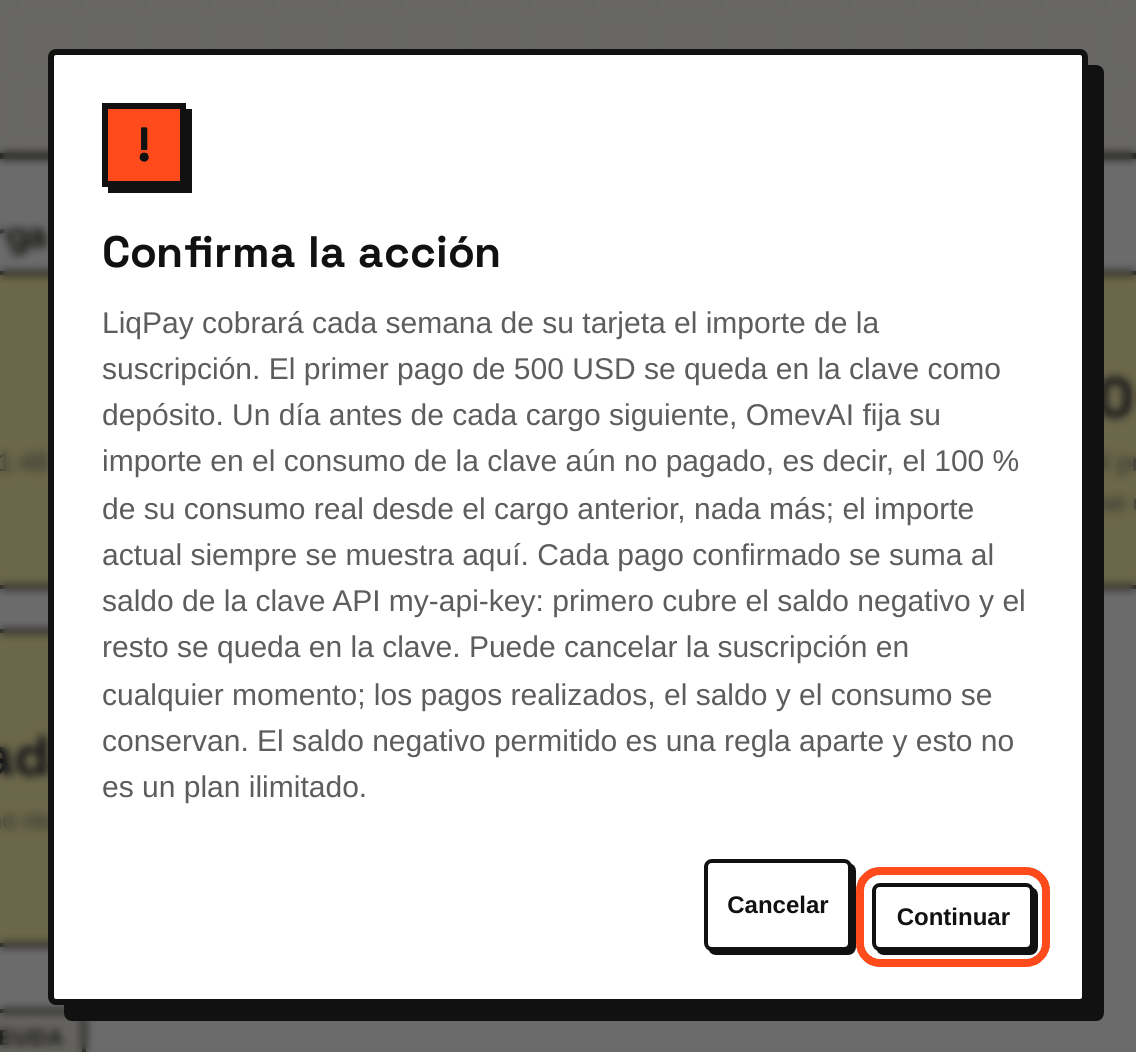 La ventana de condiciones tras pulsar «Suscribirse»: pulse «Continuar» para pasar a LiqPay.