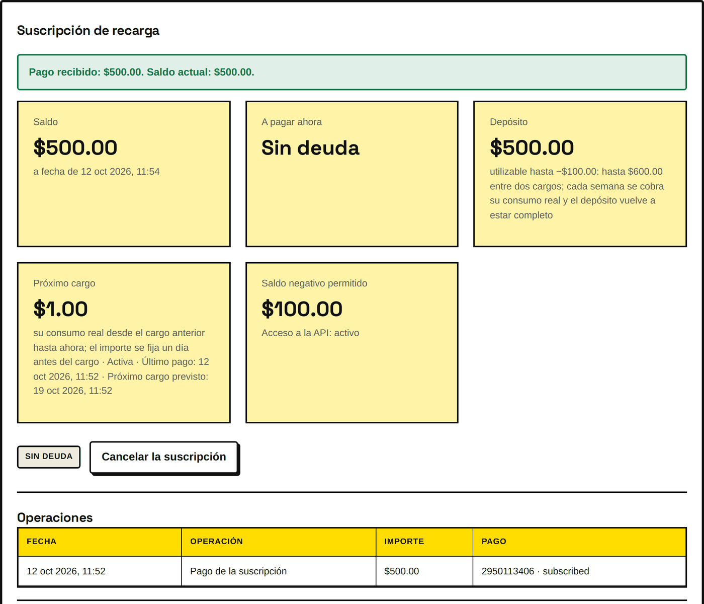 Justo después del primer pago: el depósito está en el saldo y la suscripción está activa.