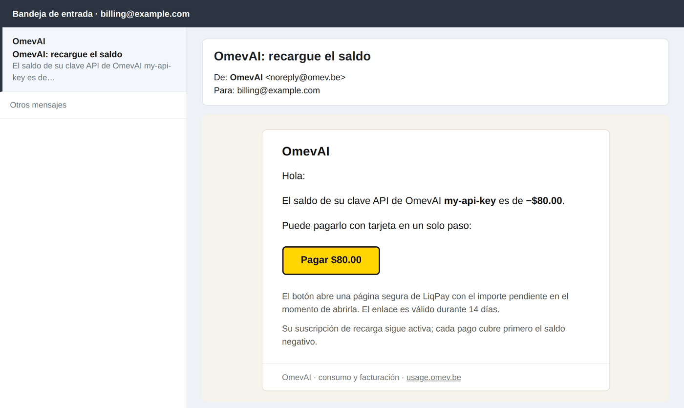 El correo «OmevAI: recargue el saldo» con el botón de pago.