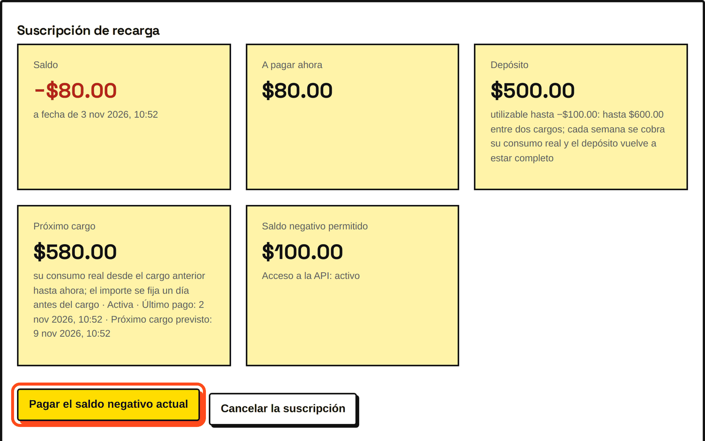 Saldo de −$80, cerca del límite de −$100: el botón «Pagar el saldo negativo actual».