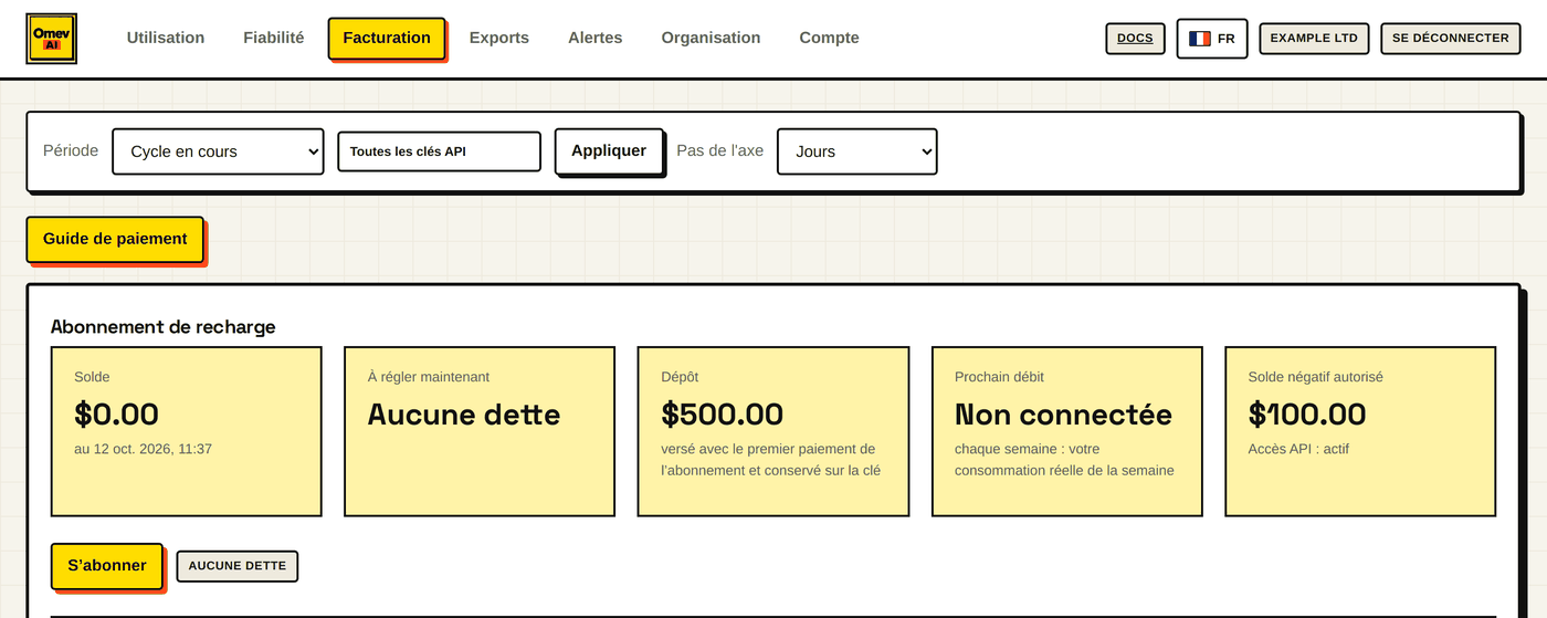 L’onglet « Facturation » : le bouton « Guide de paiement » et le bloc « Abonnement de recharge » avant la souscription (dépôt de $500, solde négatif autorisé de $100).