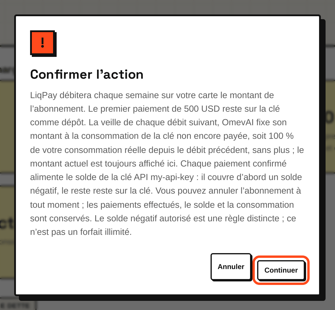 La fenêtre des conditions après « S’abonner » : cliquez sur « Continuer » pour passer à LiqPay.