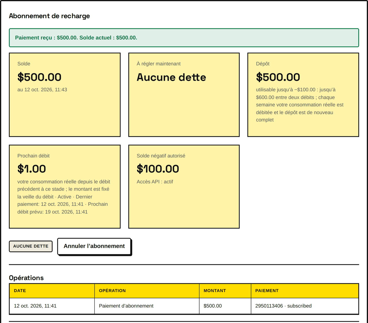 Juste après le premier paiement : le dépôt est sur le solde et l’abonnement est actif.