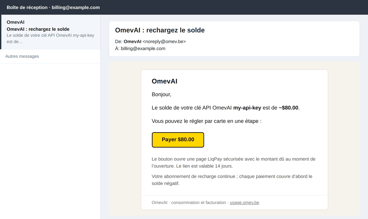 L’e-mail « OmevAI : rechargez le solde » avec le bouton de paiement.