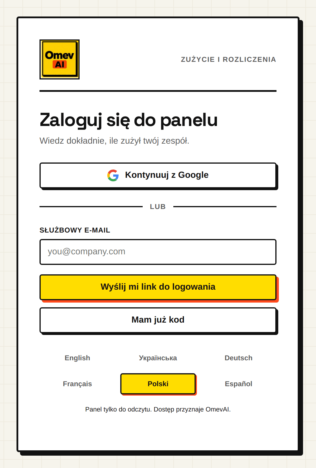 Strona logowania do panelu usage.omev.be: przez Google lub linkiem do logowania z e-maila.