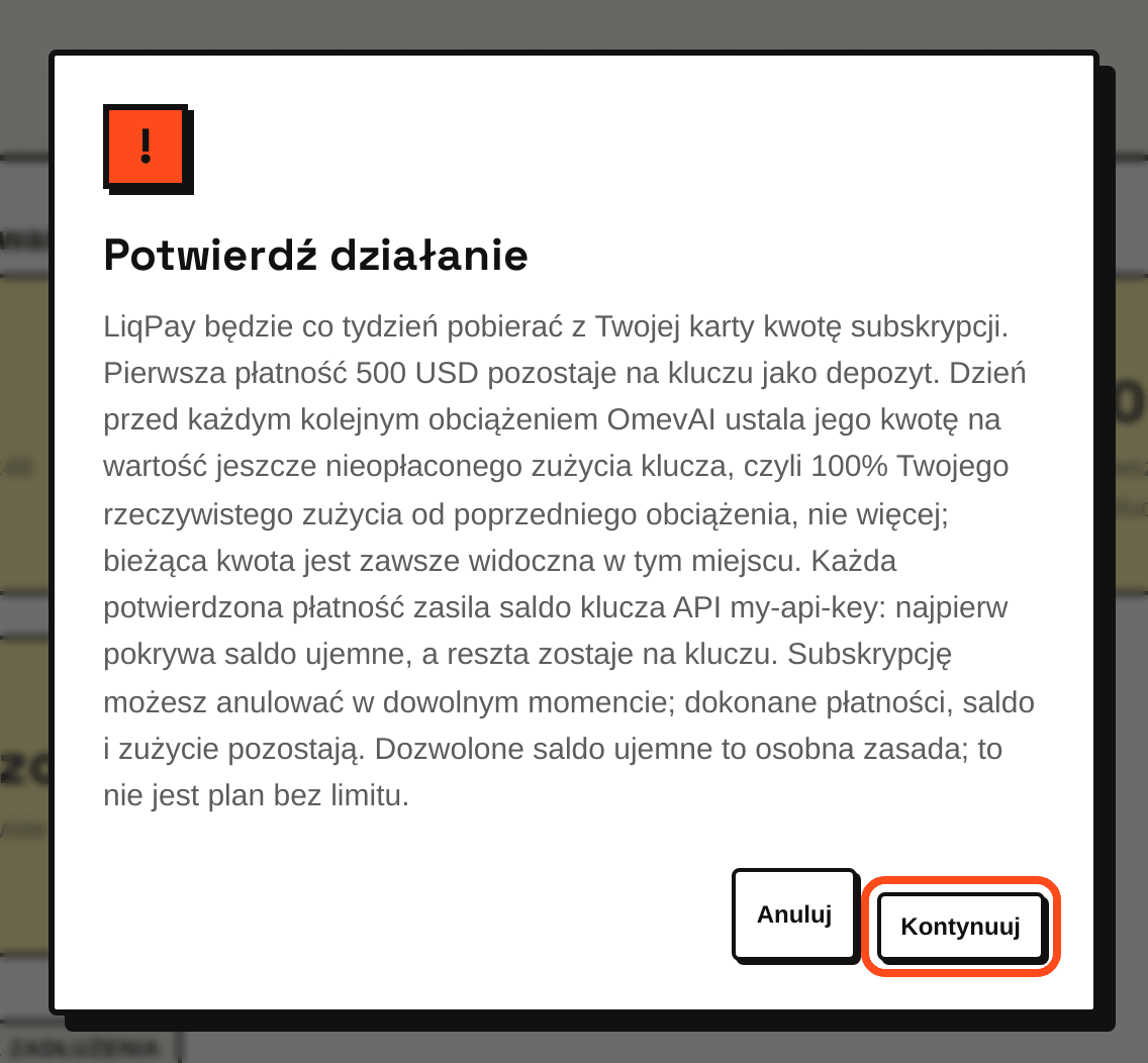 Okno z warunkami po kliknięciu „Subskrybuj”: kliknij „Kontynuuj”, aby przejść do LiqPay.