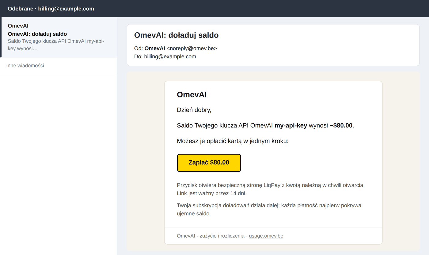 E-mail „OmevAI: doładuj saldo” z przyciskiem „Zapłać”.