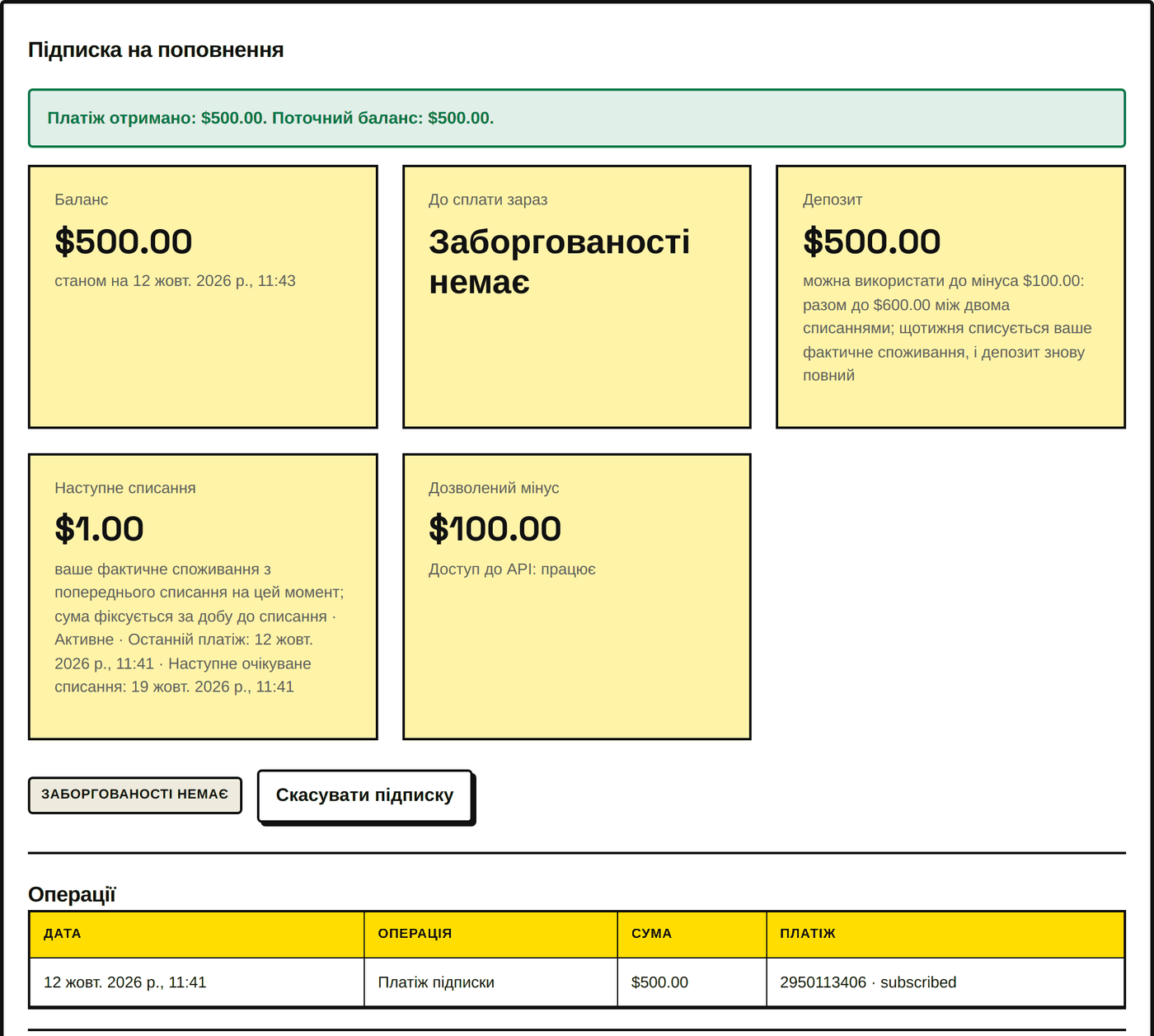 Одразу після першого платежу: депозит на балансі, підписка активна.